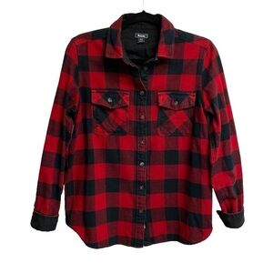 ROOTS Canada Women’s Checked Plaid Flannel Button Front Shirt Elbow Patches S